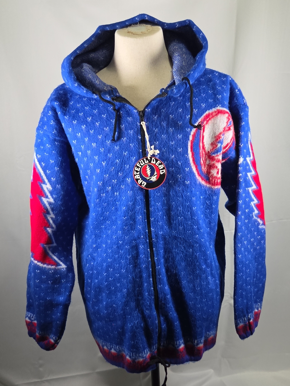 Grateful Dead Men's Royal Blue Zip-Up Sweater Hoodie with Red Accents Size XXL